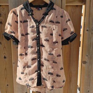 FUN MODCLOTH YUMI Vintage Police Car Hearts Blouse Polka Dot Size 8/10